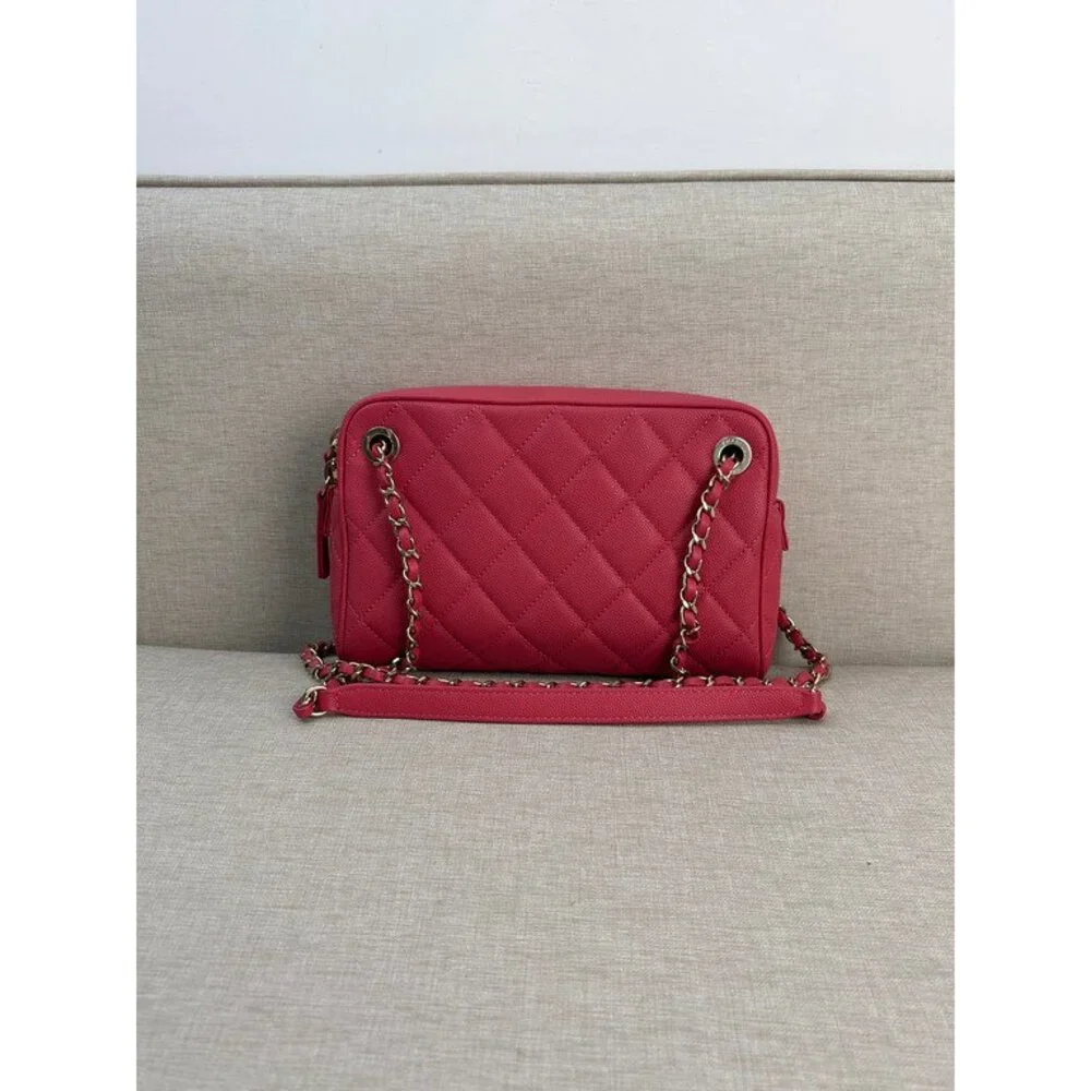 CHANEL Pink Red Caviar Camera Case Bag GHW